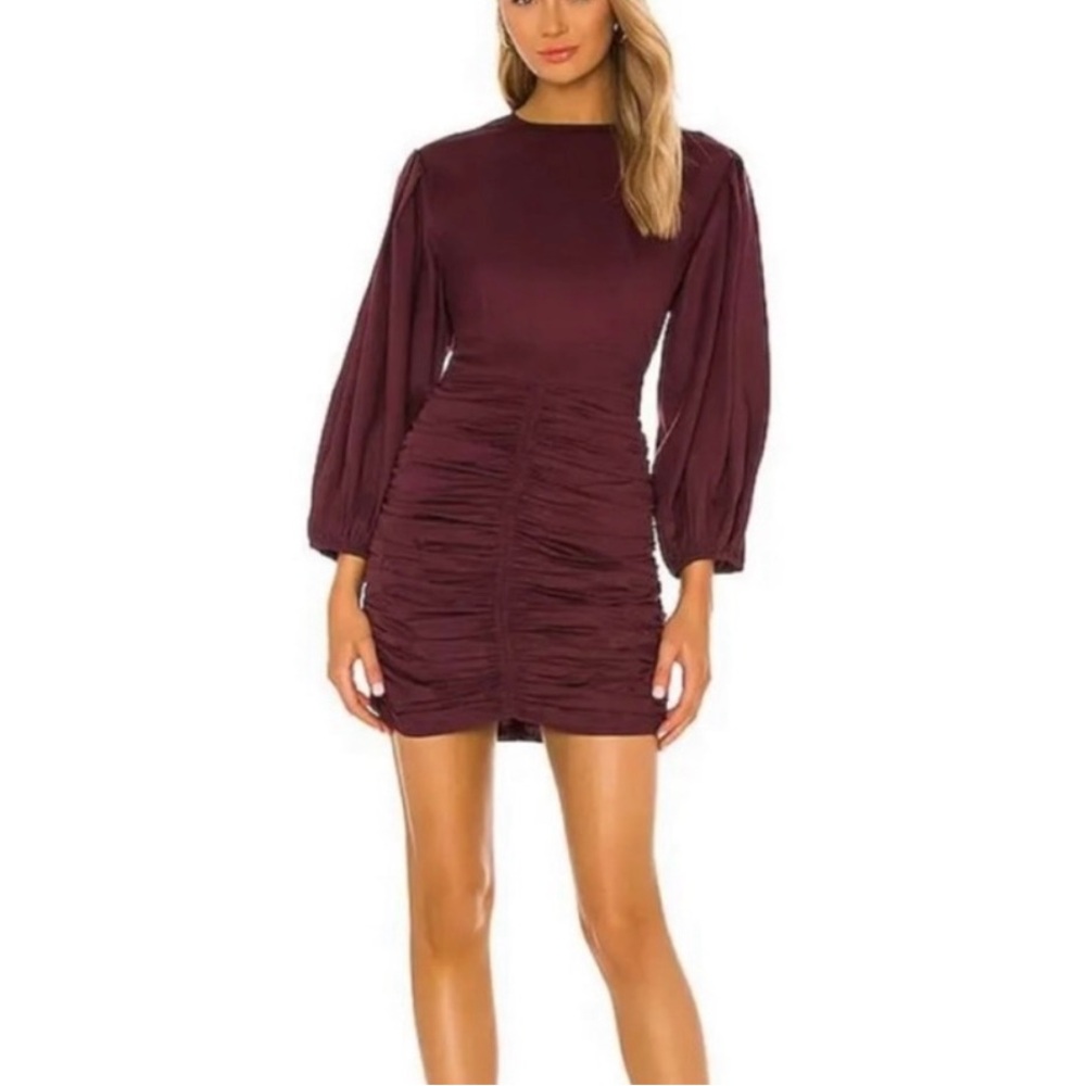 RHODE Long-Sleeve Ruched Mini Dress in Burgundy